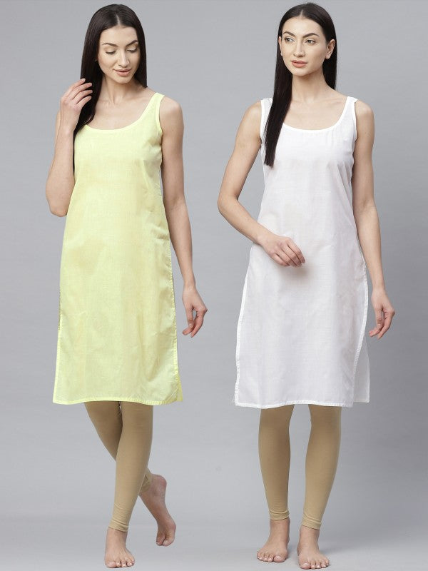 Ada Lemon and White Cotton Long Slips Combo of 2  A307683.