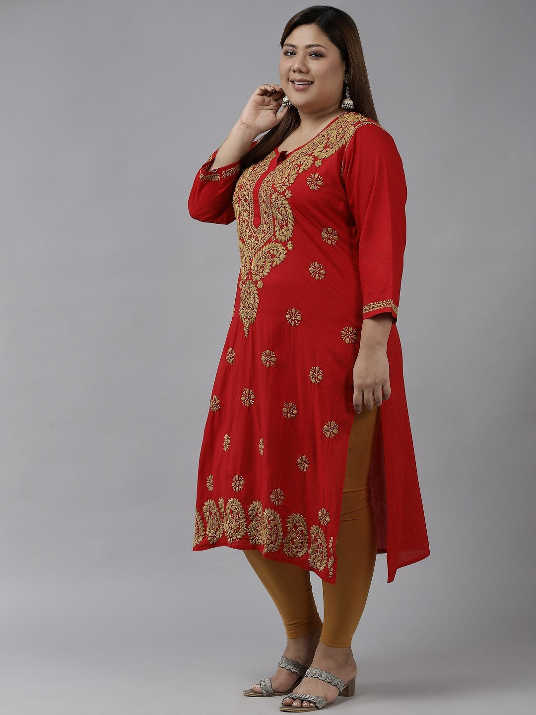 Ada Hand Embroidered Red Cotton Lucknowi Chikankari Straight Kurta A188271
