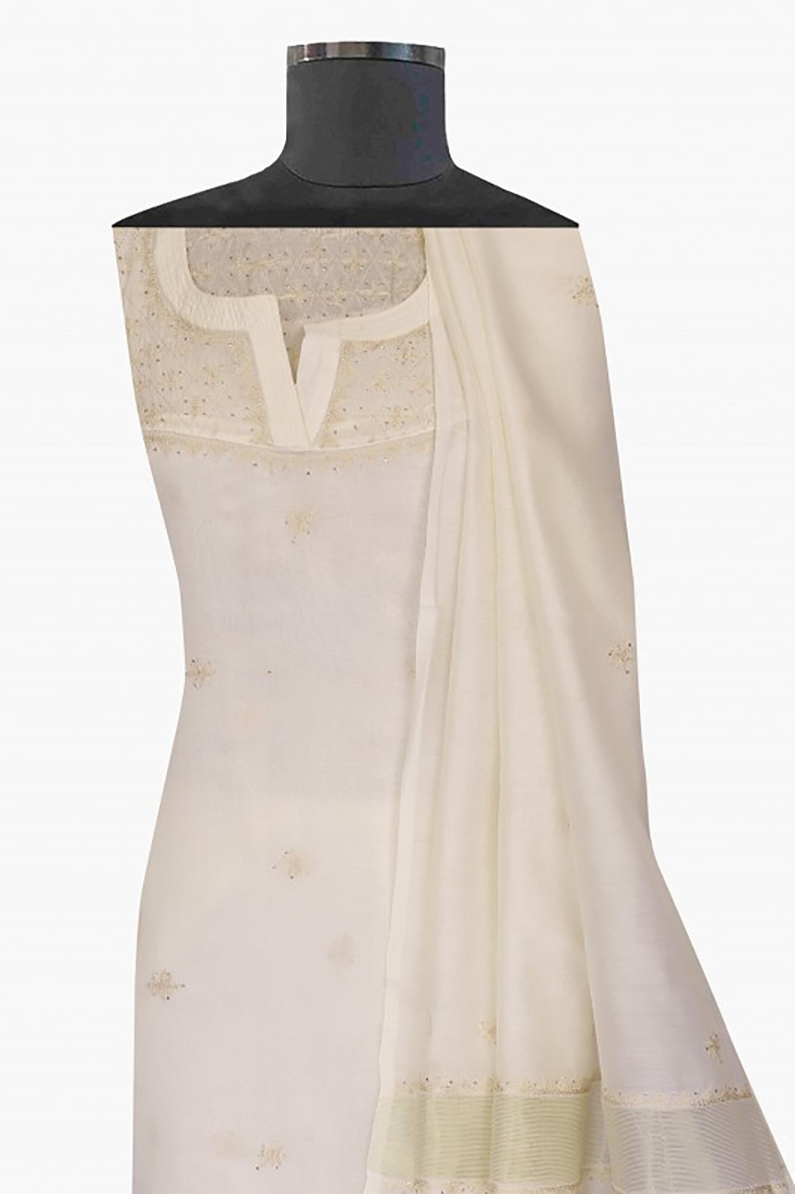 Ada Hand Embroidered Cream Chanderi Lucknowi Chikankari Semi-stitched Kurta Dupatta Set With Muqaish Work A577228