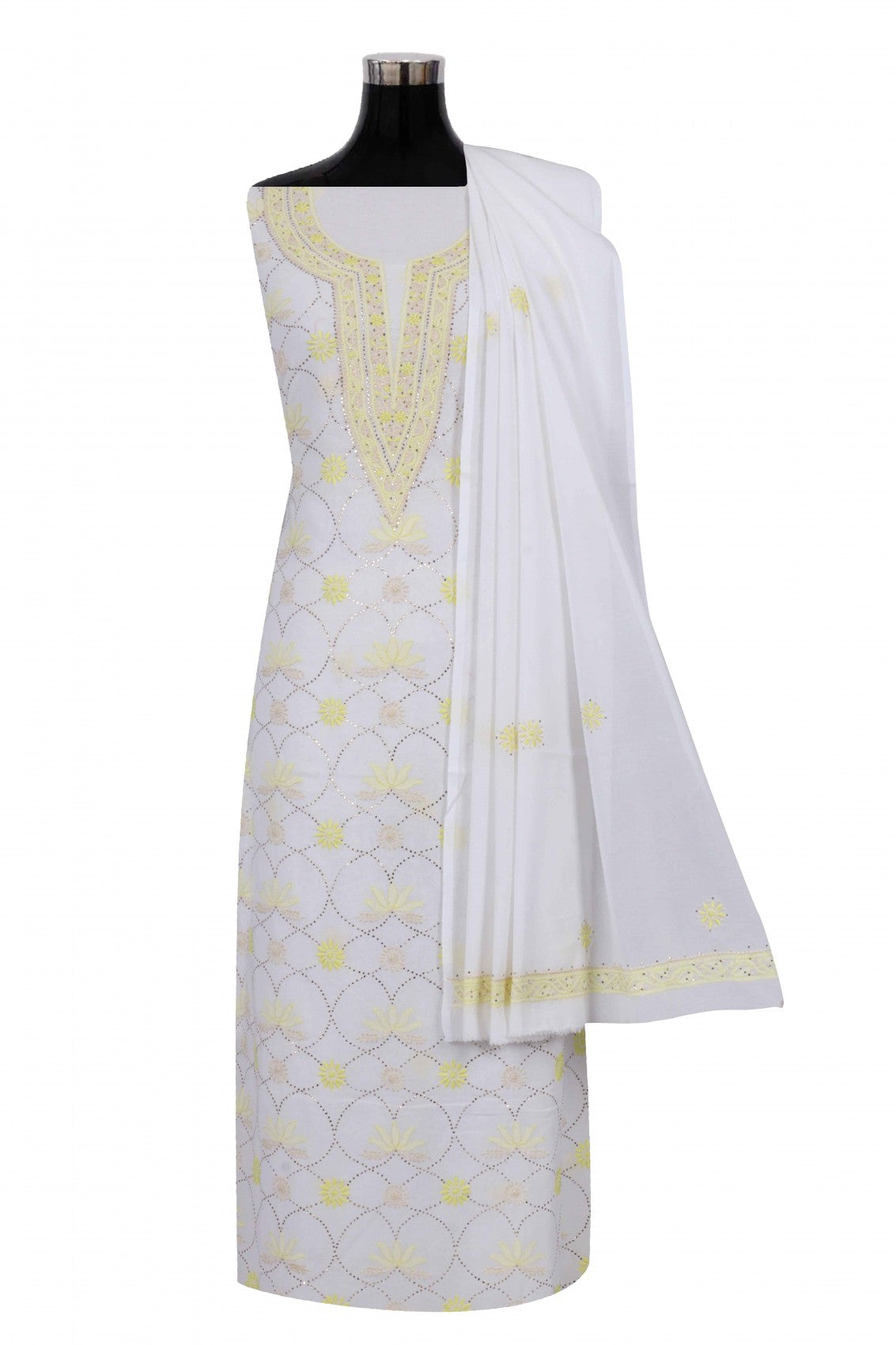 Ada Hand Embroidered White Cotton Lucknowi Chikankari Unstitched Suit Piece With Muqaish Work A512719