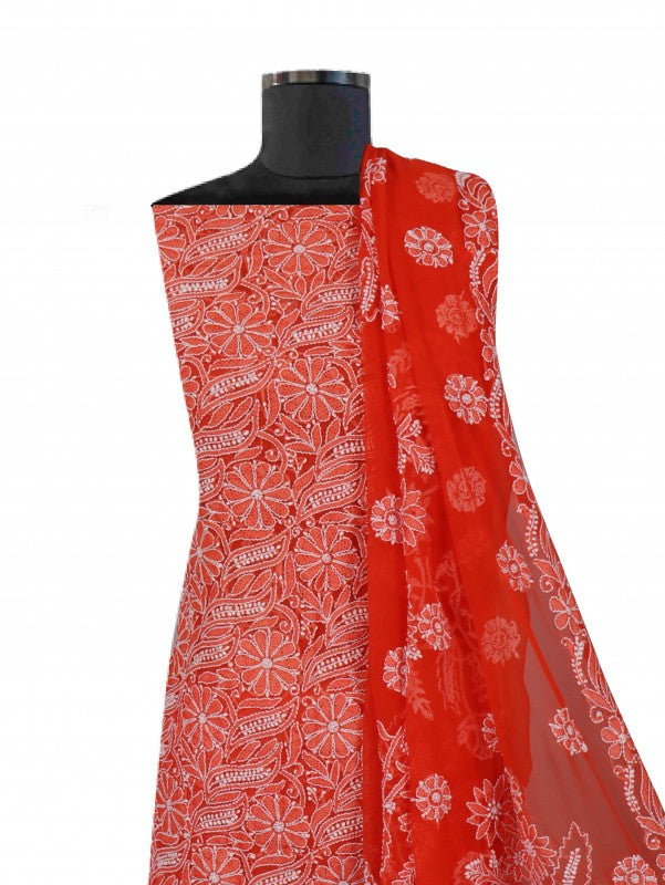Ada Hand Embroidered Orange Georgette Lucknowi Chikankari Unstitched Suit Piece 01A114534