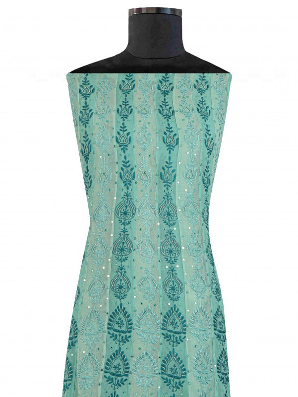 Ada Hand Embroidered Green Pure Georgette Lucknowi Chikan Unstitched Anarkali with Pearl & Mirror Work A61317