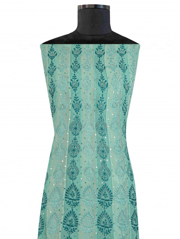 Ada Hand Embroidered Green Pure Georgette Lucknowi Chikan Unstitched Anarkali with Pearl & Mirror Work A61317