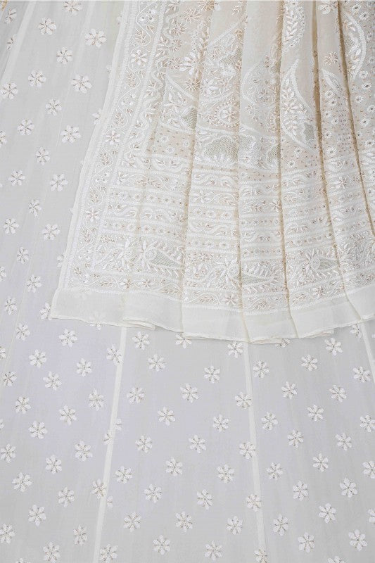 Ada Hand Embroidered White Pure Georgette Lucknowi Chikankari Lehenga Set With Zari Work A624444