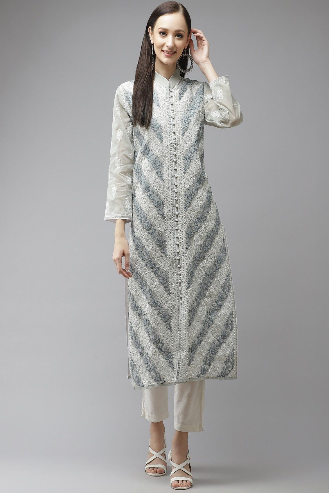Ada Hand Embroidered Grey Cotton Lucknow Chikan Straight Kurta  A411320