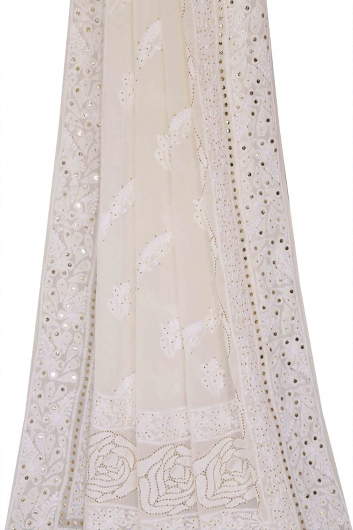 Ada Hand Embroidered White Pure Georgette Lucknowi Chikankari Dupatta With Muqaish Work 01A20542