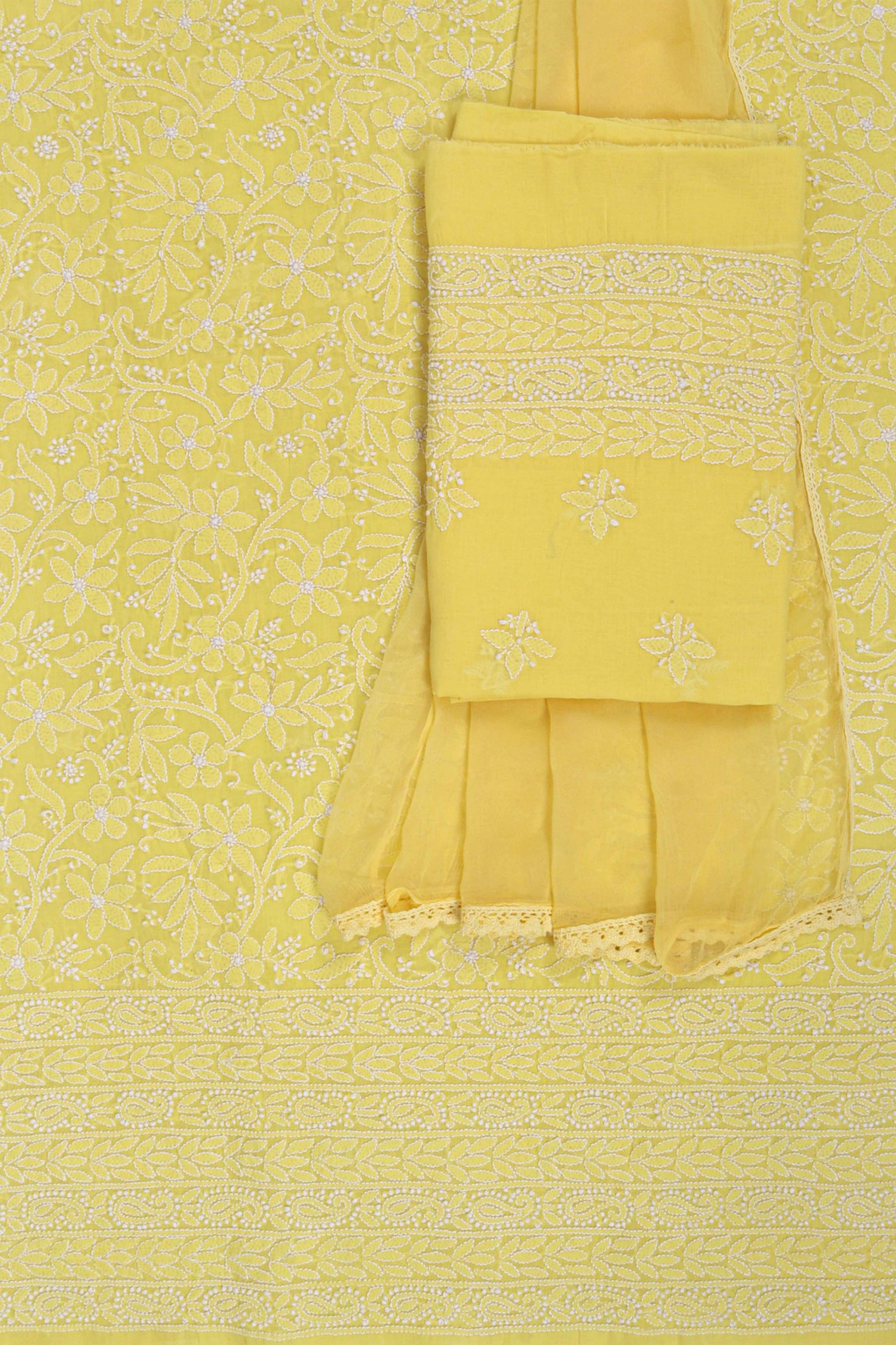 Ada Hand Embroidered Yellow Cotton Lucknowi Chikankari Unstitched Suit Piece 01A204075