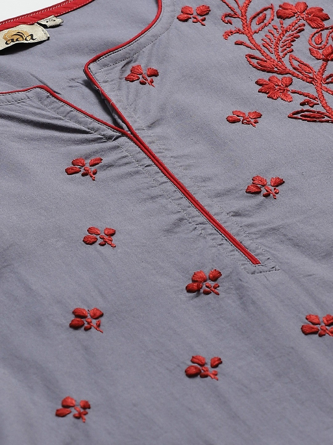 Ada Hand Embroidered Grey Cotton Lucknowi Chikankari Straight Kurta With Trouser Set A811128