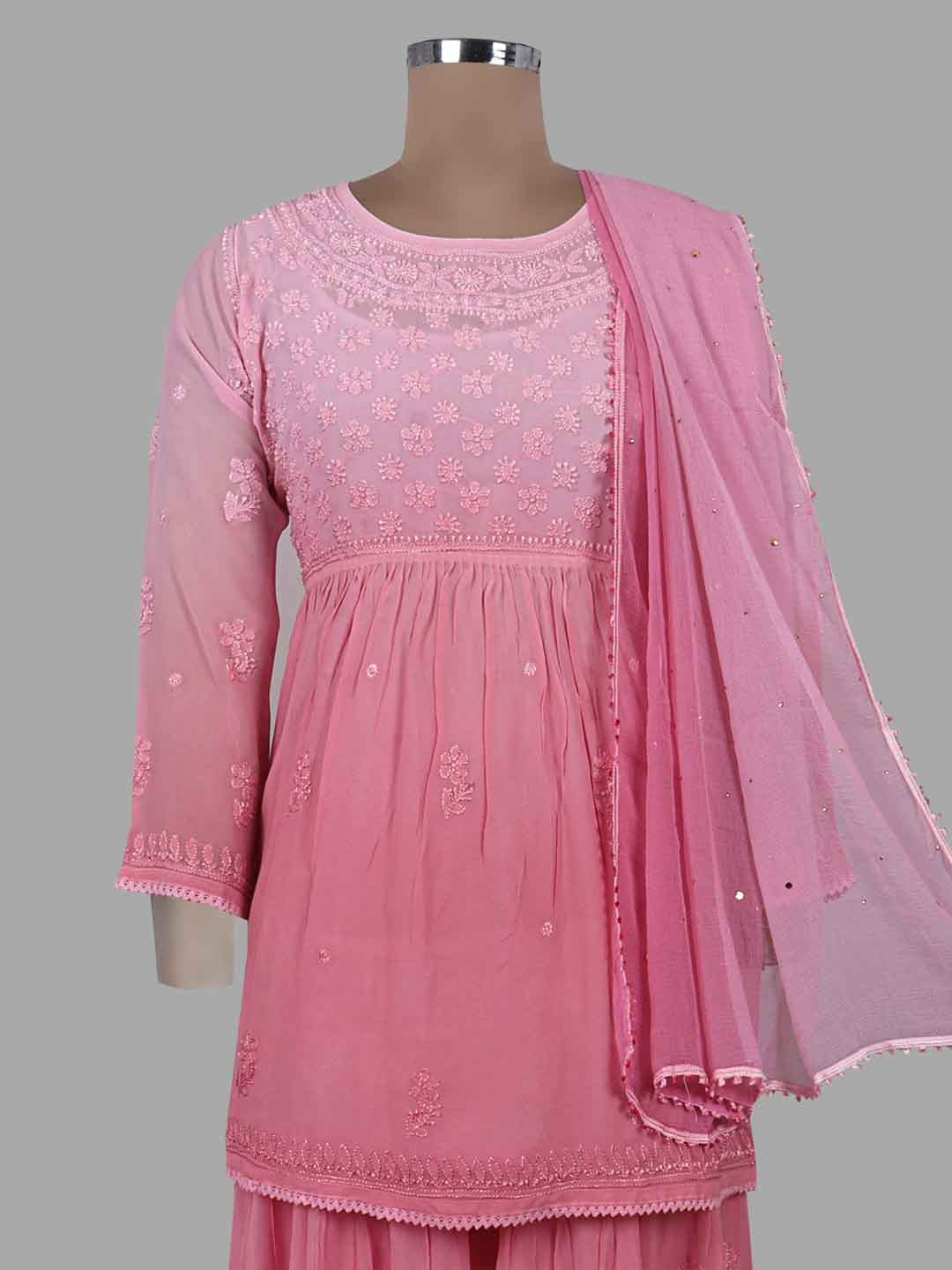 Ada Hand Embroidered Onion Pink Viscose Georgette Lucknowi Chikankari Kurta Dupatta And Palazzo Set 01A220225