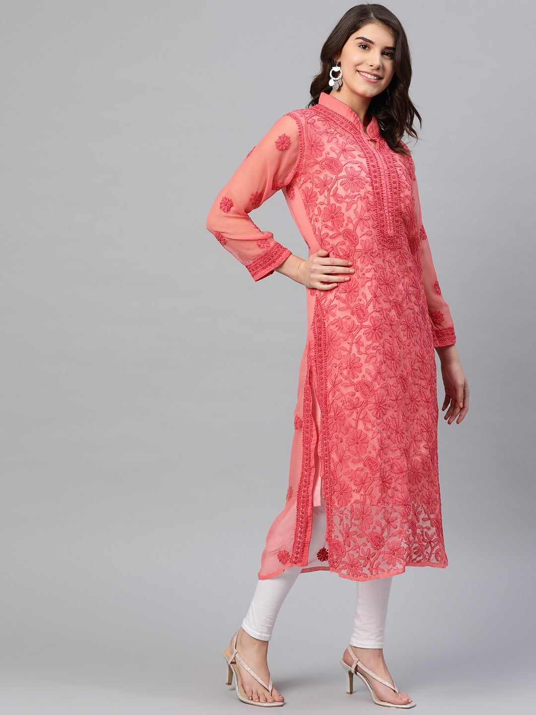 Ada Hand Embroidered Carrot Pink Georgette Lucknow Chikan Straight Kurta with Slip A225881