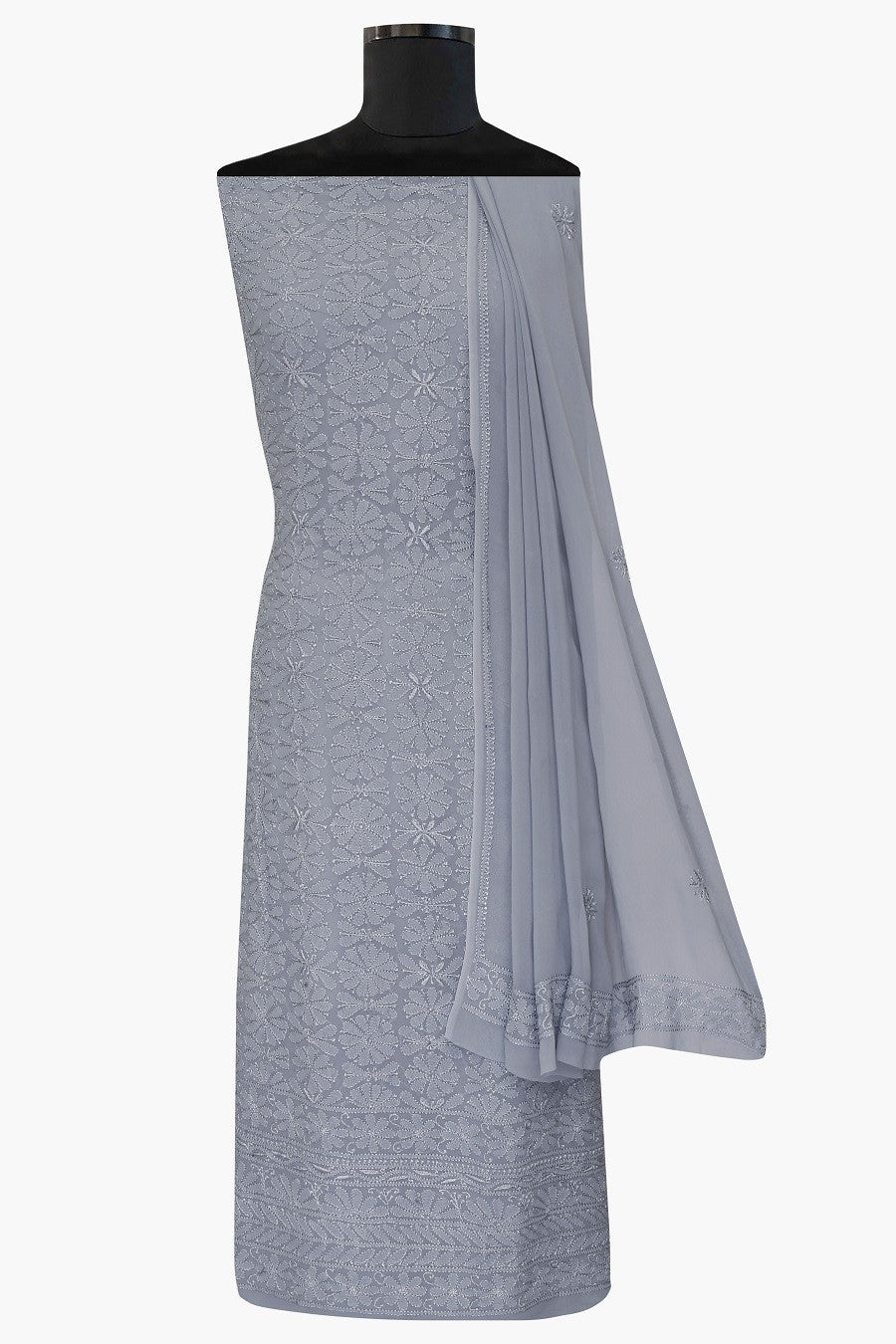 Ada Hand Embroidered Grey Georgette Lucknowi Chikan Unstitched Kurta Dupatta Set - A609336