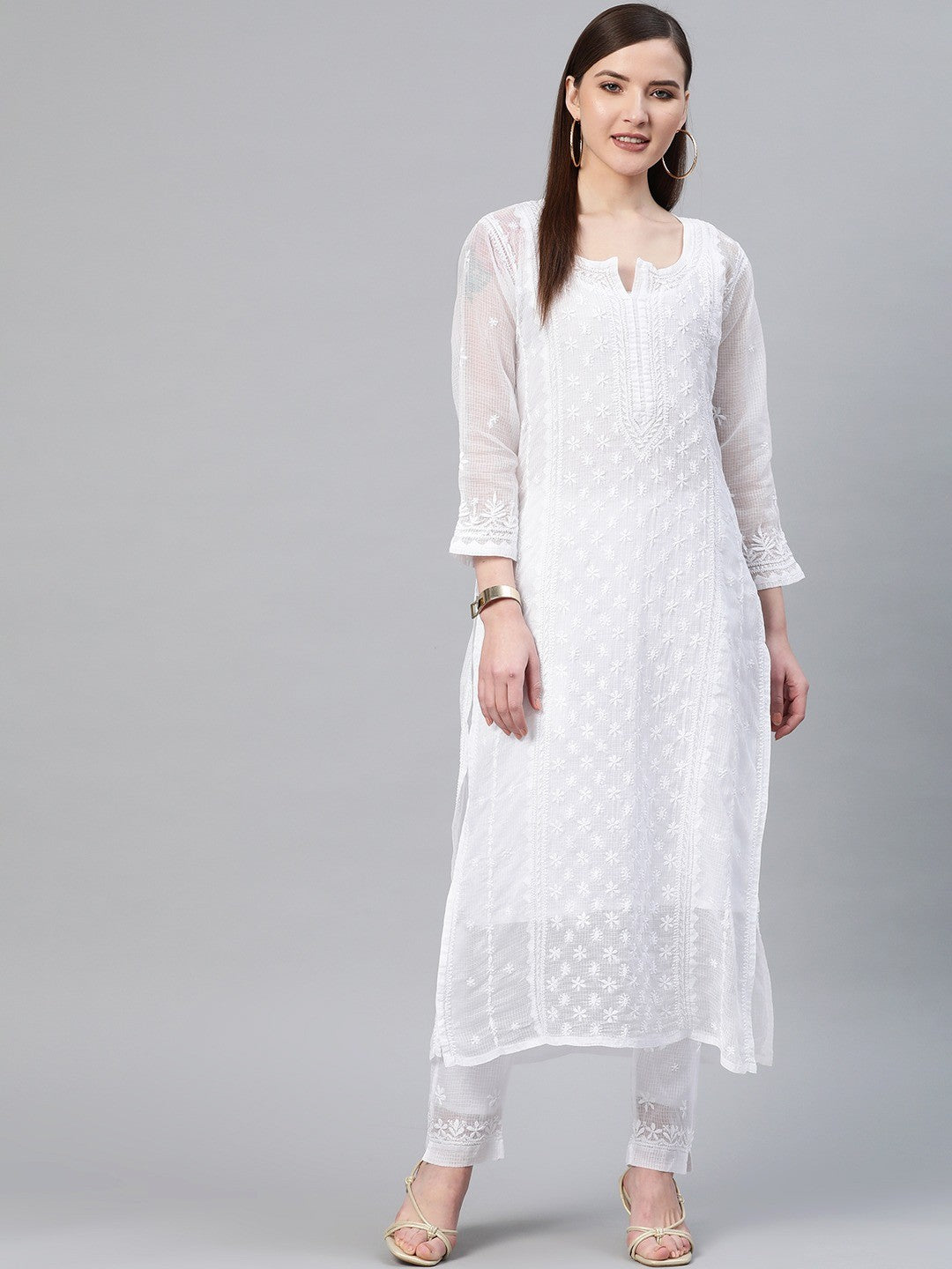 Ada Hand Embroidered White Kota Lucknowi Chikankari Kurta Set With Slip A811112