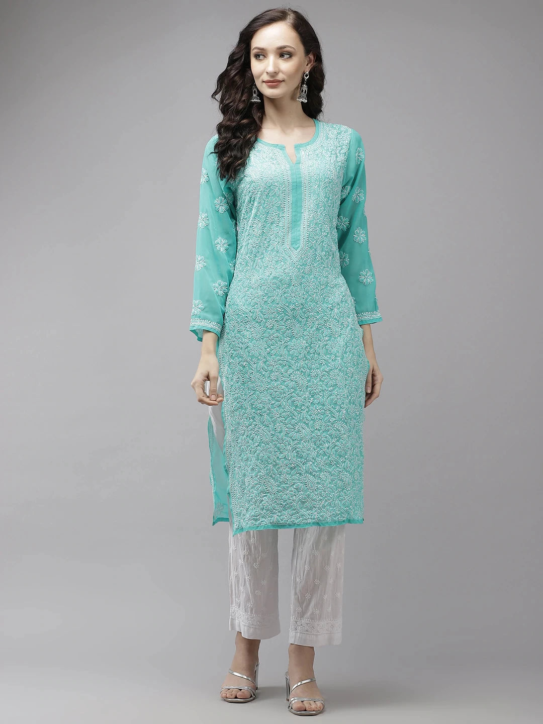 Ada Hand Embroidered Sea Green Georgette Lucknowi Chikankari Kurta Set A811215