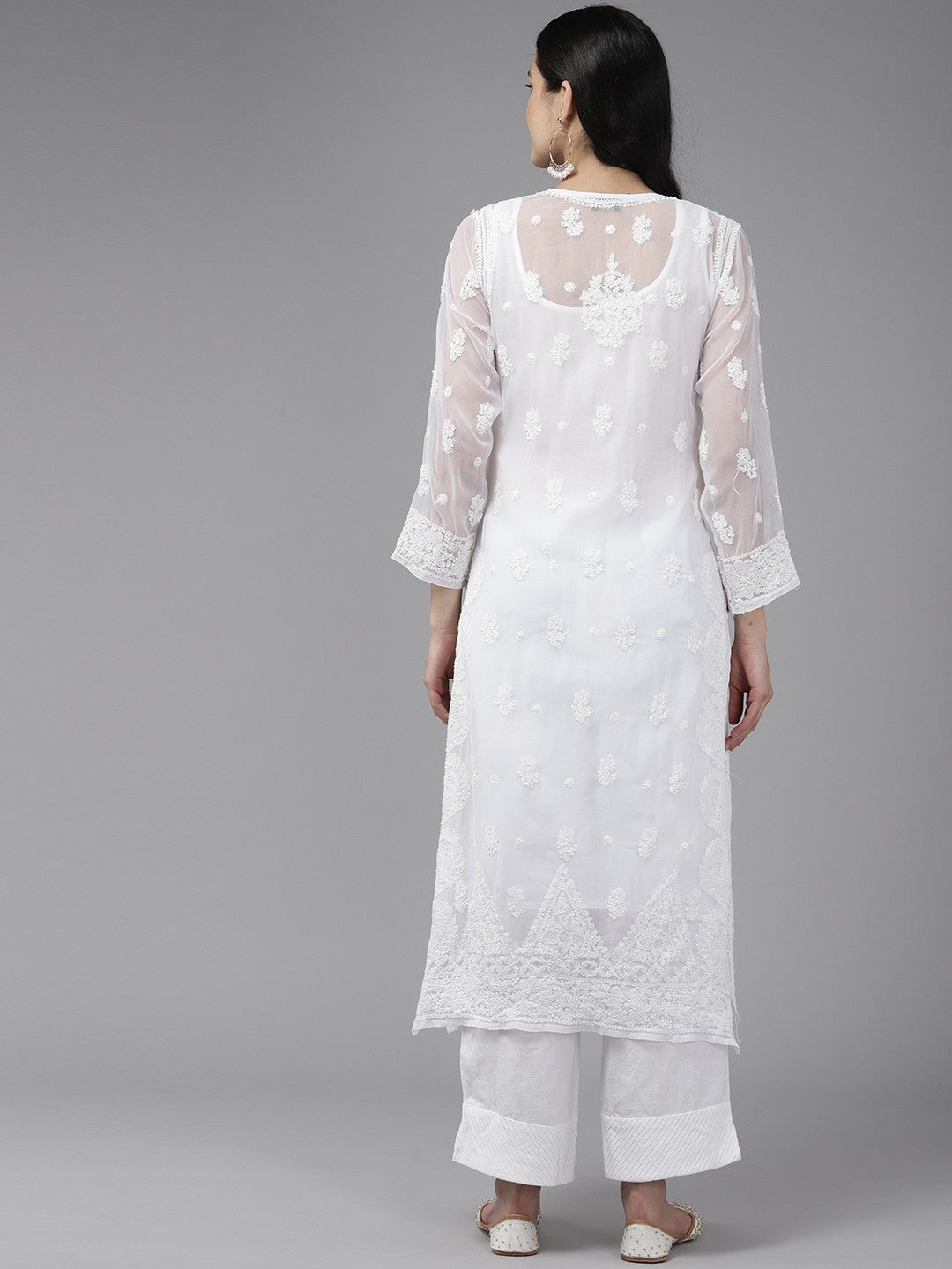 Ada Hand Embroidered White Georgette Lucknowi Chikankari Straight Kurta With Slip A411426