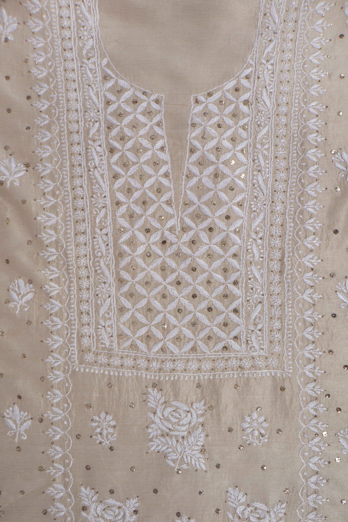 Ada Hand Embroidered Fawn Silk Lucknowi Chikankari Unstitched Kurta Dupatta Set With Muqaish Work 01A243066