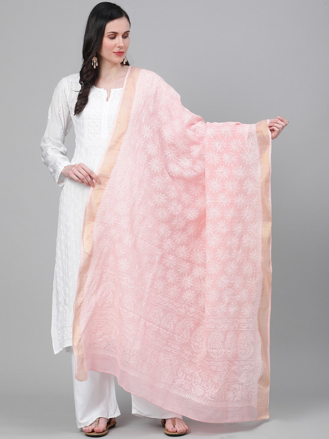 Ada Hand Embroidered Pink Kota Lucknowi Chikankari Dupatta -A511160