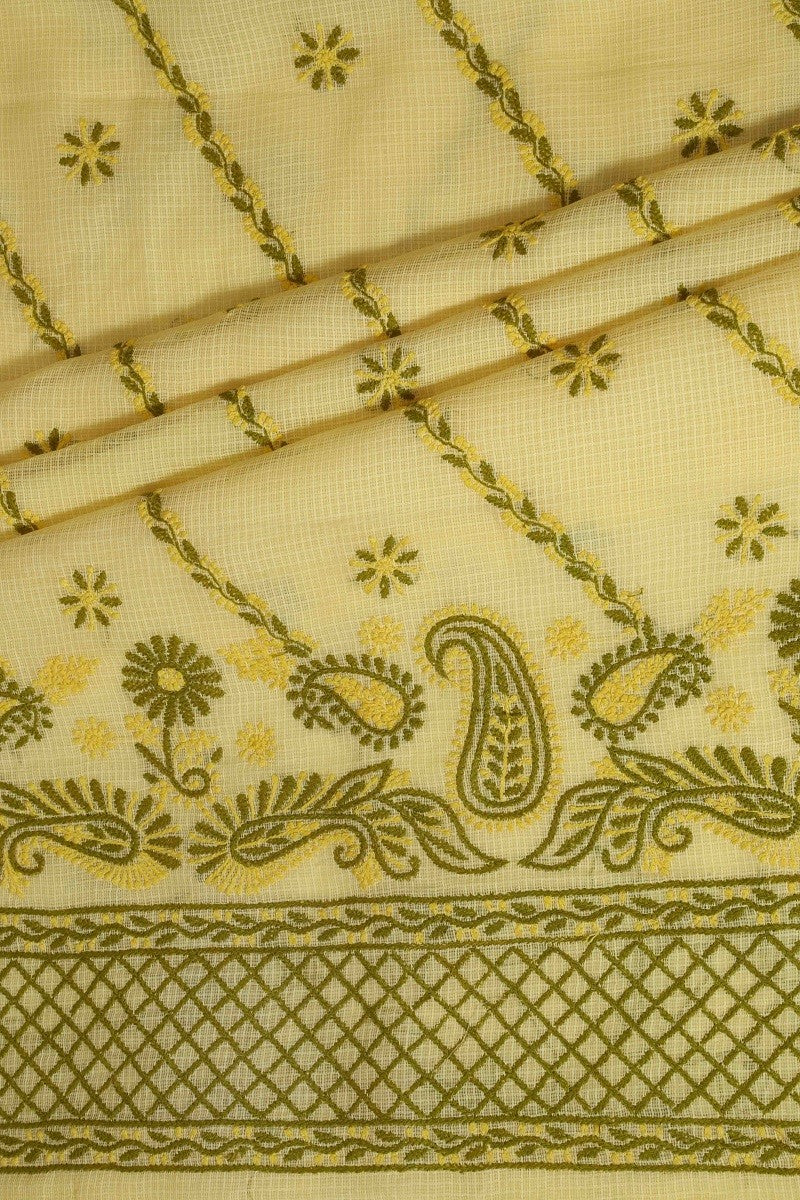 Ada Hand Embroidered Yellow Kota Lucknowi Chikan Unstitched Kurta Piece A590537