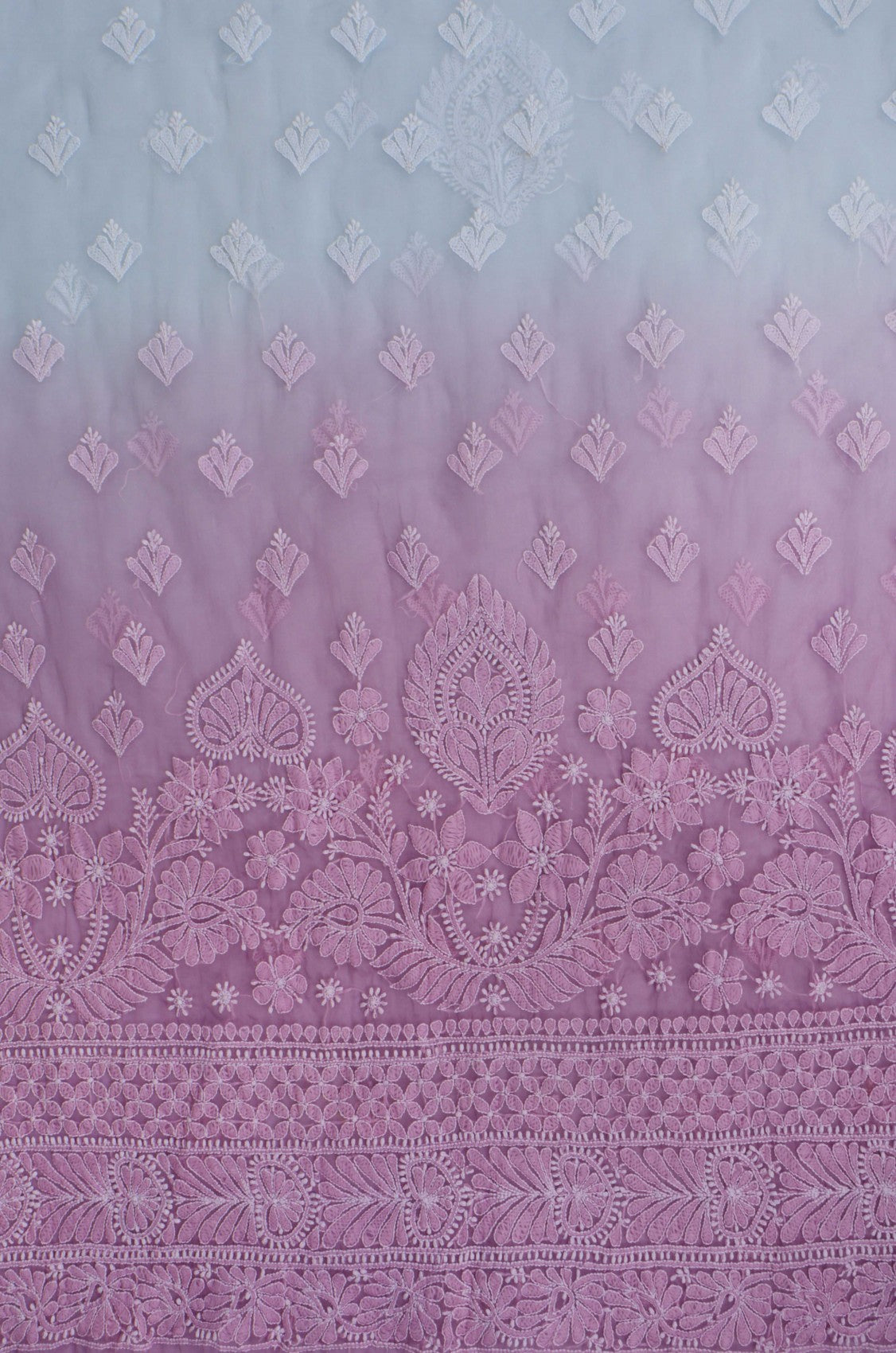 Ada Hand Embroidered Blue And Pink Ombre Shade Organza Lucknowi Chikankari Unstitched Kurta Dupatta Set 01A270924
