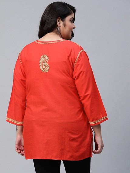 Ada Hand Embroidered Carrot Pink Cotton Lucknowi Chikankari Straight Kurti A250586