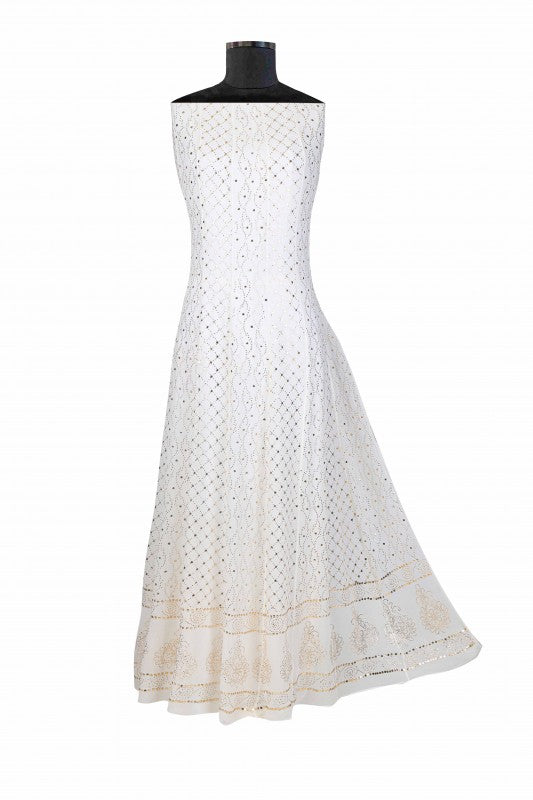 Ada Hand Embroidered White Pure Georgette Unstitched Anarkali Kurta Dupatta With Muqaish Work–A614564
