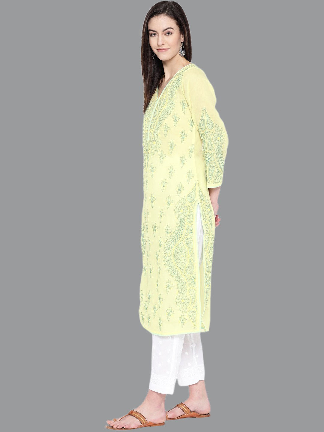 Ada Hand Embroidered Lemon Cotton Lucknow Chikankari Kurta with Palazzo Set A100228