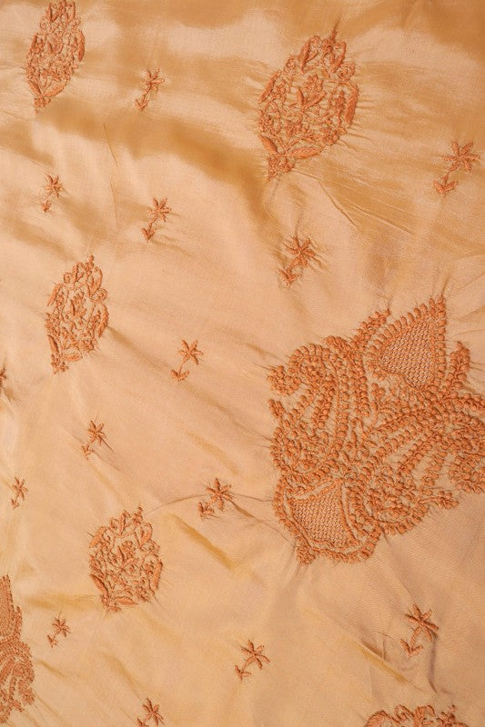 Ada Hand Embroidered Natural Dark Fawn Silk Lucknowi Chikankari Saree With Blouse 01A77505