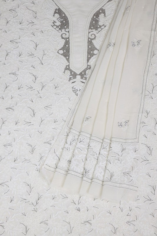 Ada Hand Embroidered White Pure Georgette Lucknowi Chikan Unstitched Kurta Dupatta Set With Pearl Work- A199028