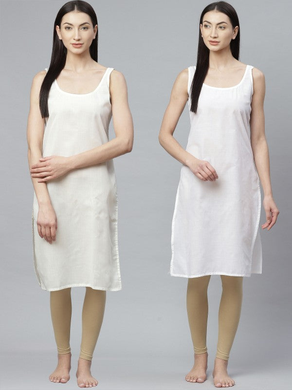 Ada Cream and White Cotton Long Slips Combo of 2 A308002.