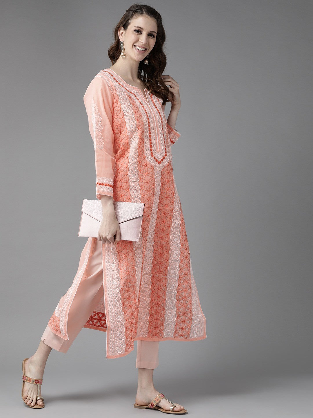 Ada Hand Embroidered Peach Cotton Lucknow Chikan Straight Kurta-A230774