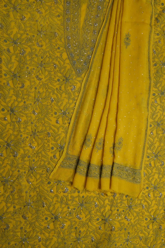 Ada Hand Embroidered Mustard Chiffon Lucknowi Chikan Unstitched Kurta Dupatta Set With Muqaish Work  A489066