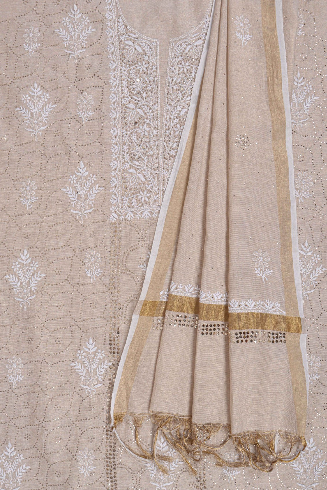 Ada Hand Embroidered Natural Fawn Tissue Lucknowi Chikankari Unstitched Kurta Dupatta Set With Muqaish Work 01A169987