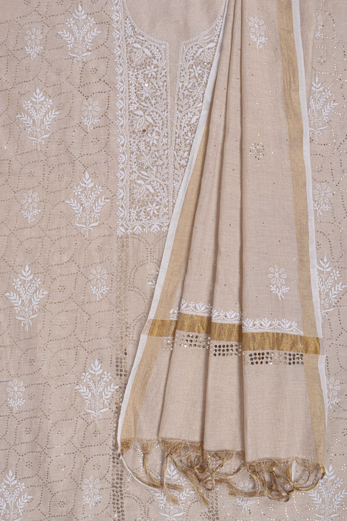 Ada Hand Embroidered Natural Fawn Tissue Lucknowi Chikankari Unstitched Kurta Dupatta Set With Muqaish Work 01A169987