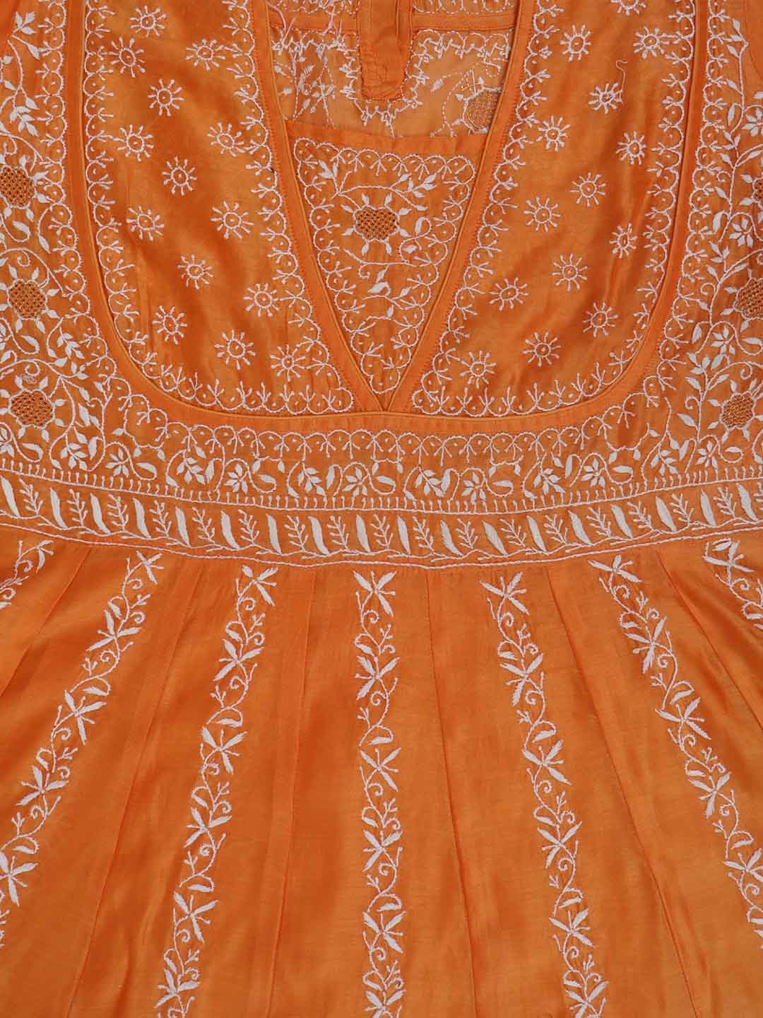 Ada Hand Embroidered Orange Chanderi Lucknowi Chikankari Semi-Stitched Anarkali Kurta Dupatta Set With Zari Work 01A205816