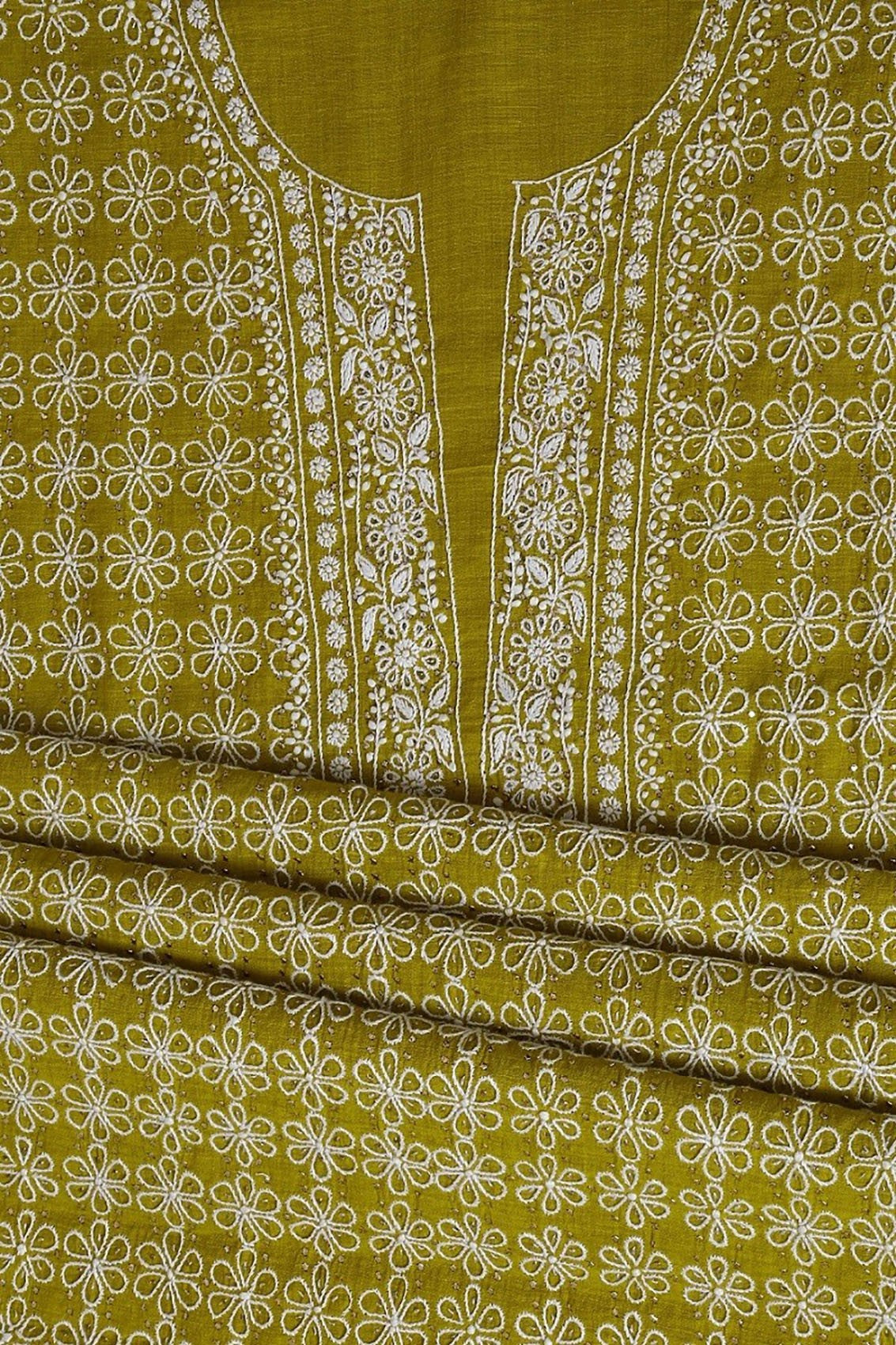 Ada Hand Embroidered Olive Green Khadi Chikankari Unstitched Suit Piece With Muqaish Work A454744