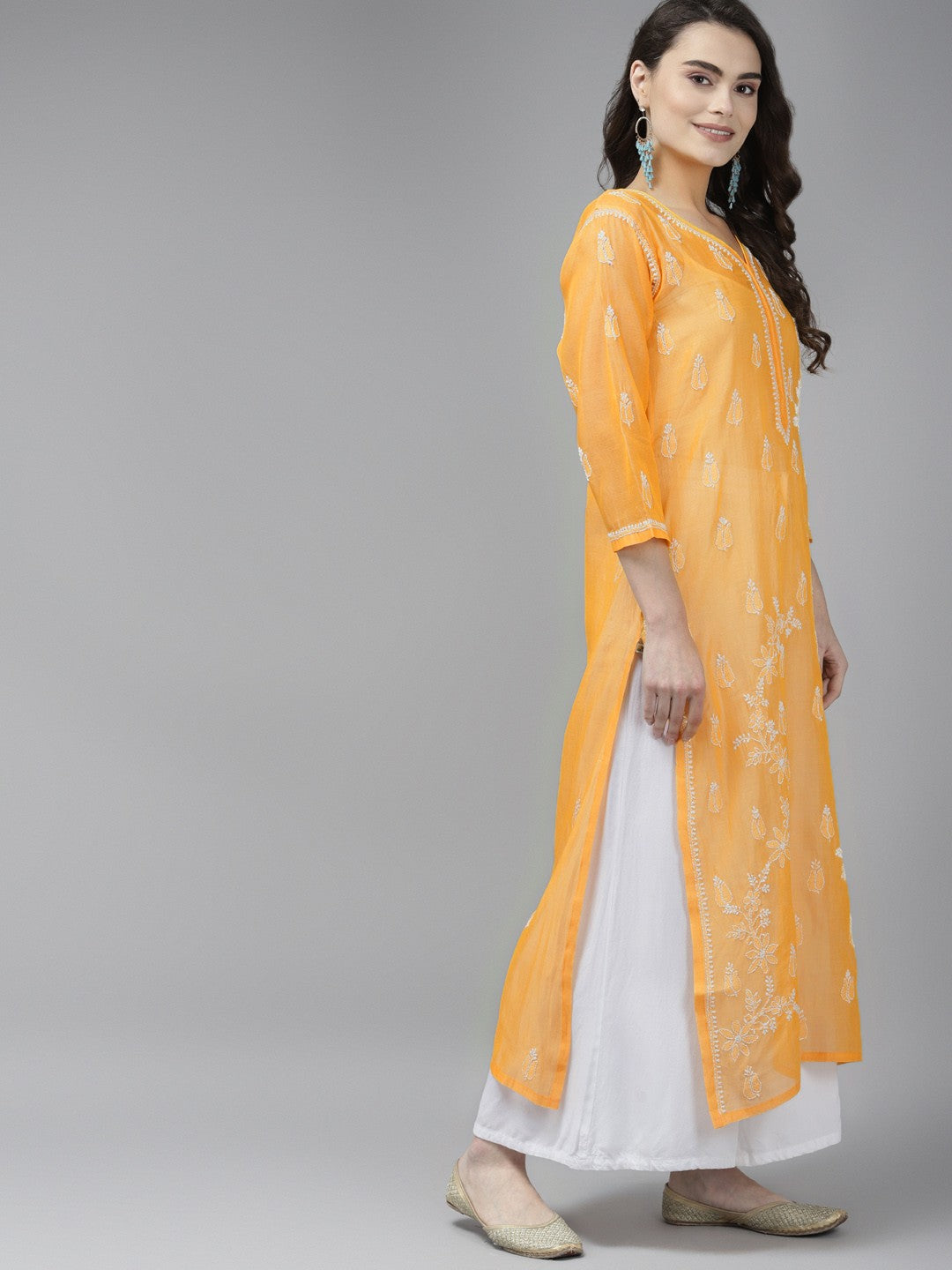 Ada Hand Embroidered Yellow Chanderi Lucknow Chikankari Straight  Kurta A411375