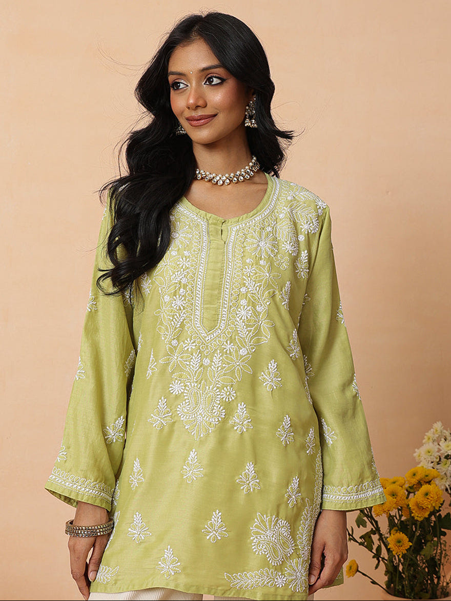 Ada Hand Embroidered Green Muslin Lucknowi Chikankari Short Kurti A911582