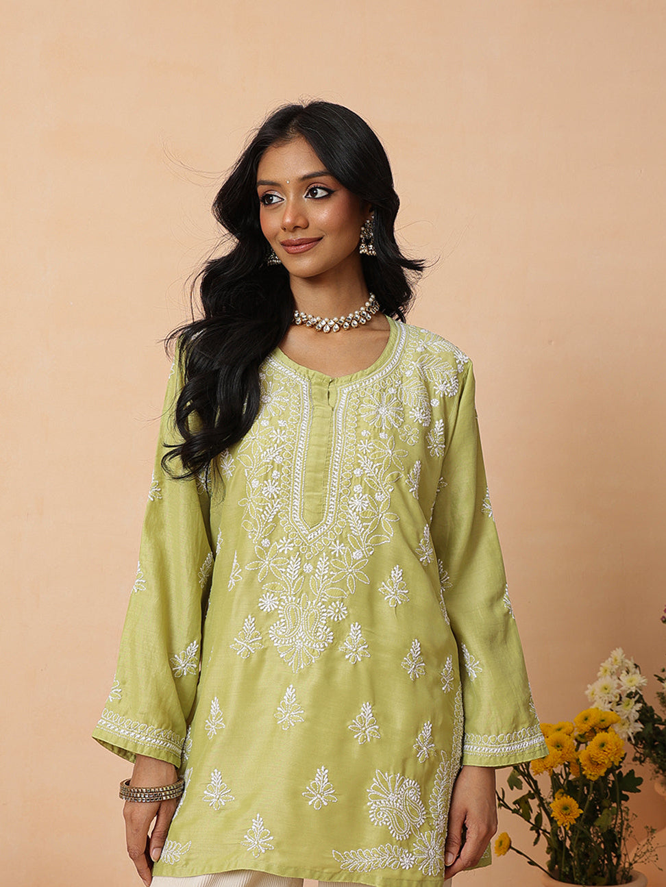 Ada Hand Embroidered Green Muslin Lucknowi Chikankari Short Kurti A911582
