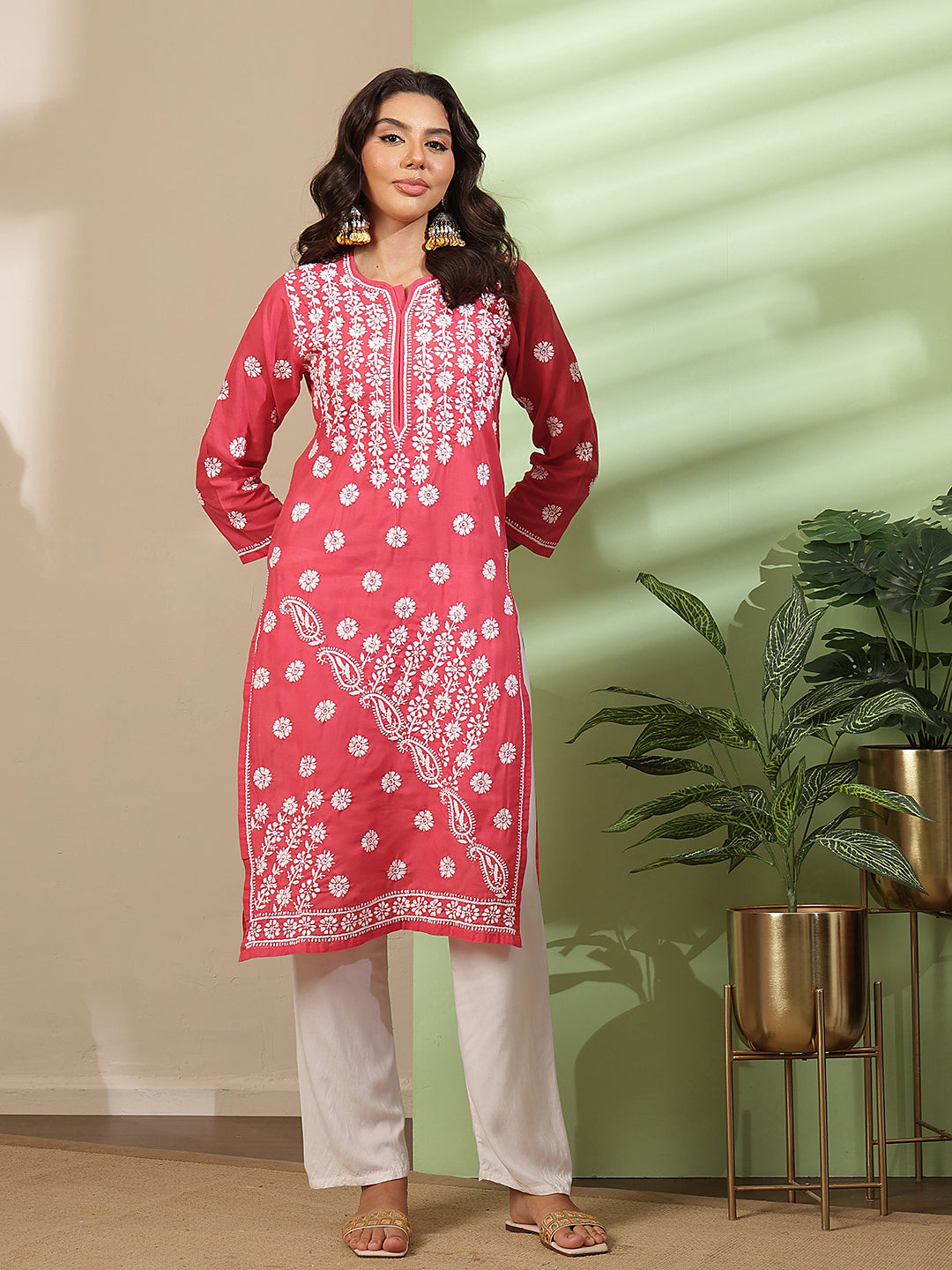 Ada Hand Embroidered Red Cotton Lucknowi Chikankari Straight Kurta A100294