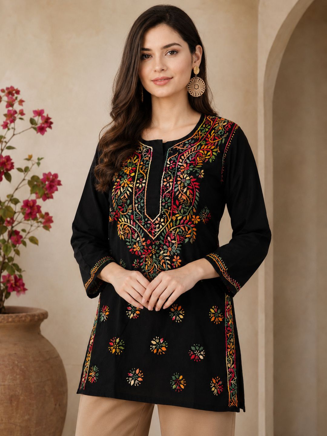 Ada Hand Embroidered Black Cotton Lucknowi Chikankari Straight Kurti A100386