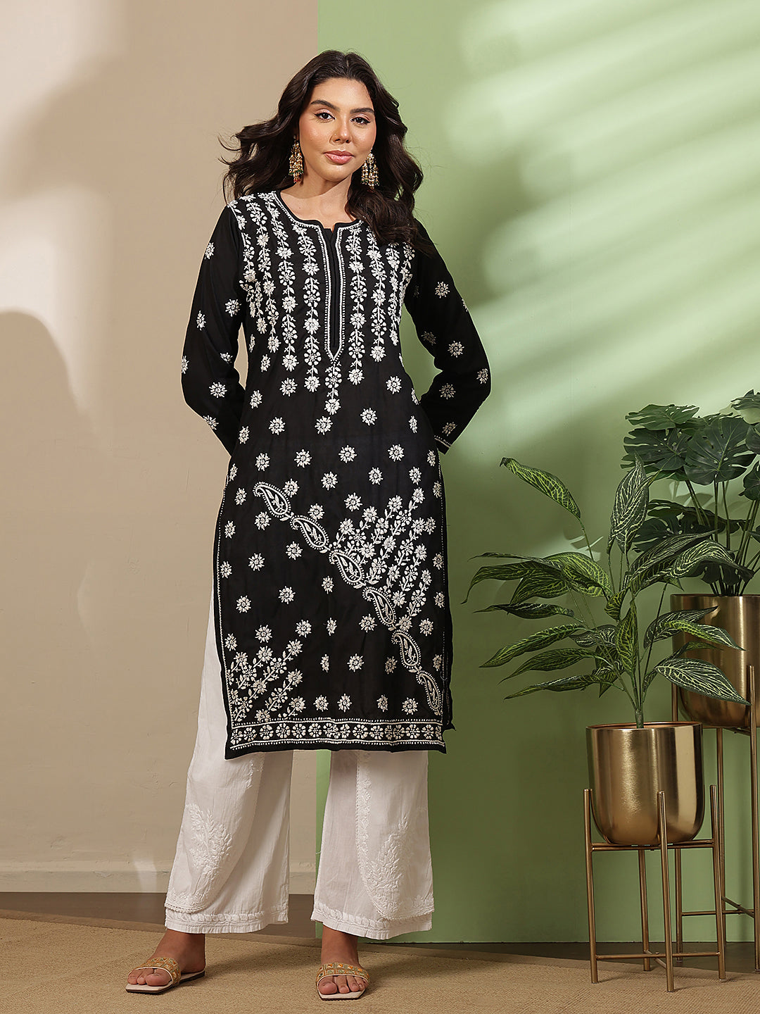 Ada Hand Embroidered Black Cotton Lucknow Chikankari Straight Kurta A130717