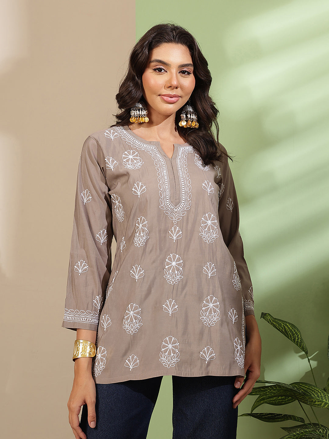 Ada Hand Embroidered Brown Chanderi Silk Lucknowi Chikankari Short Kurti A911562