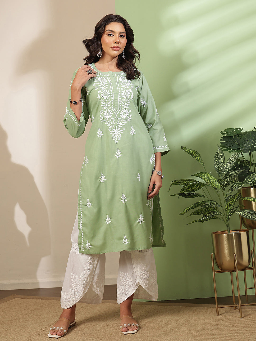 Ada Hand Embroidered Sage Green Cotton Lucknow Chikankari Kurta A411813
