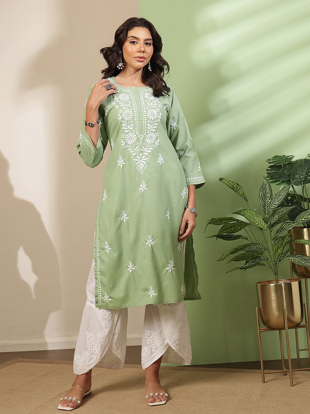 Ada Hand Embroidered Sage Green Cotton Lucknow Chikankari Kurta A411813