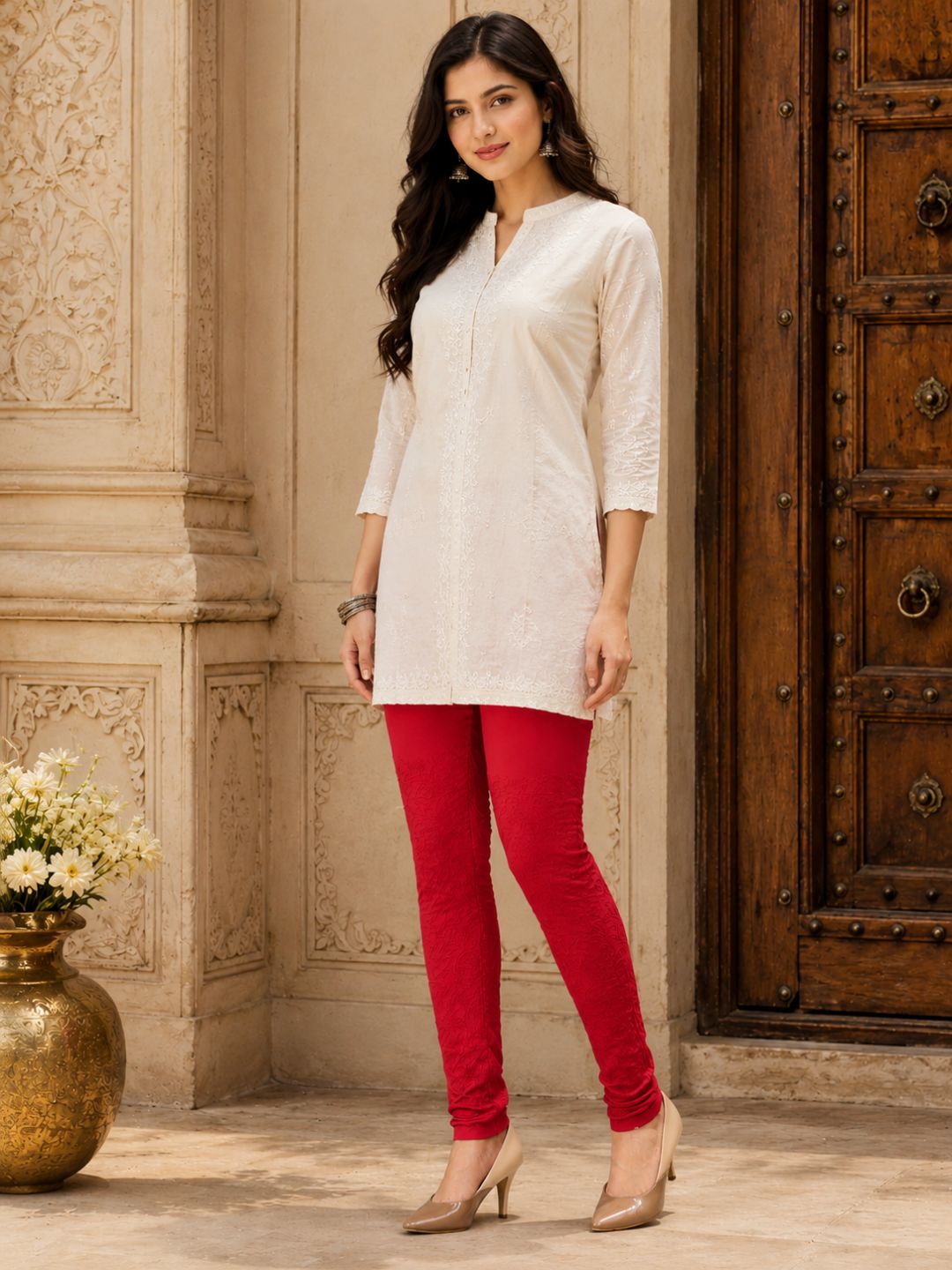 Ada Hand Embroidered Red Cotton Lucknowi Chikankari Churidar A358988