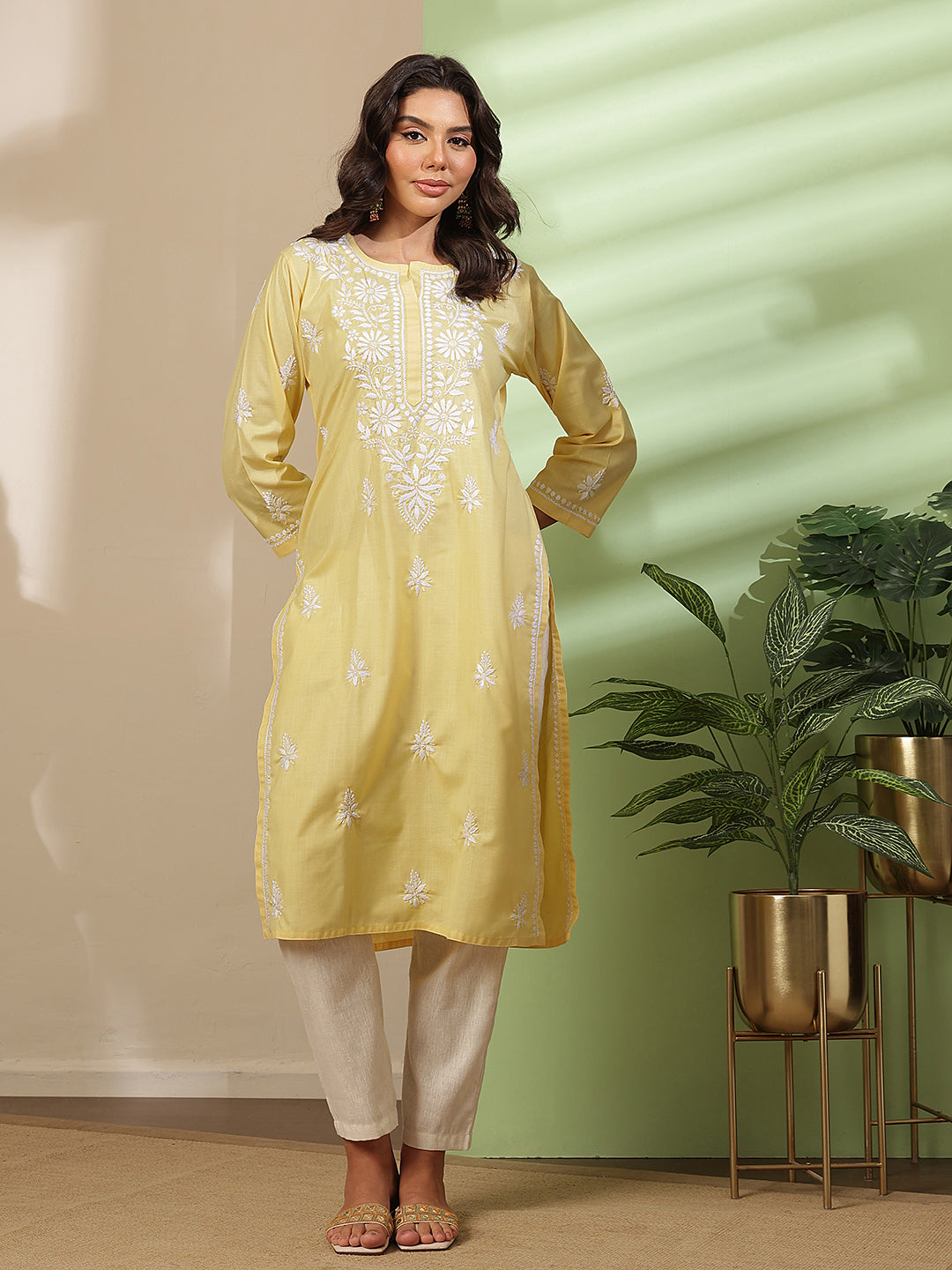 Ada Hand Embroidered Yellow Cotton Lucknow Chikankari Kurta A411814