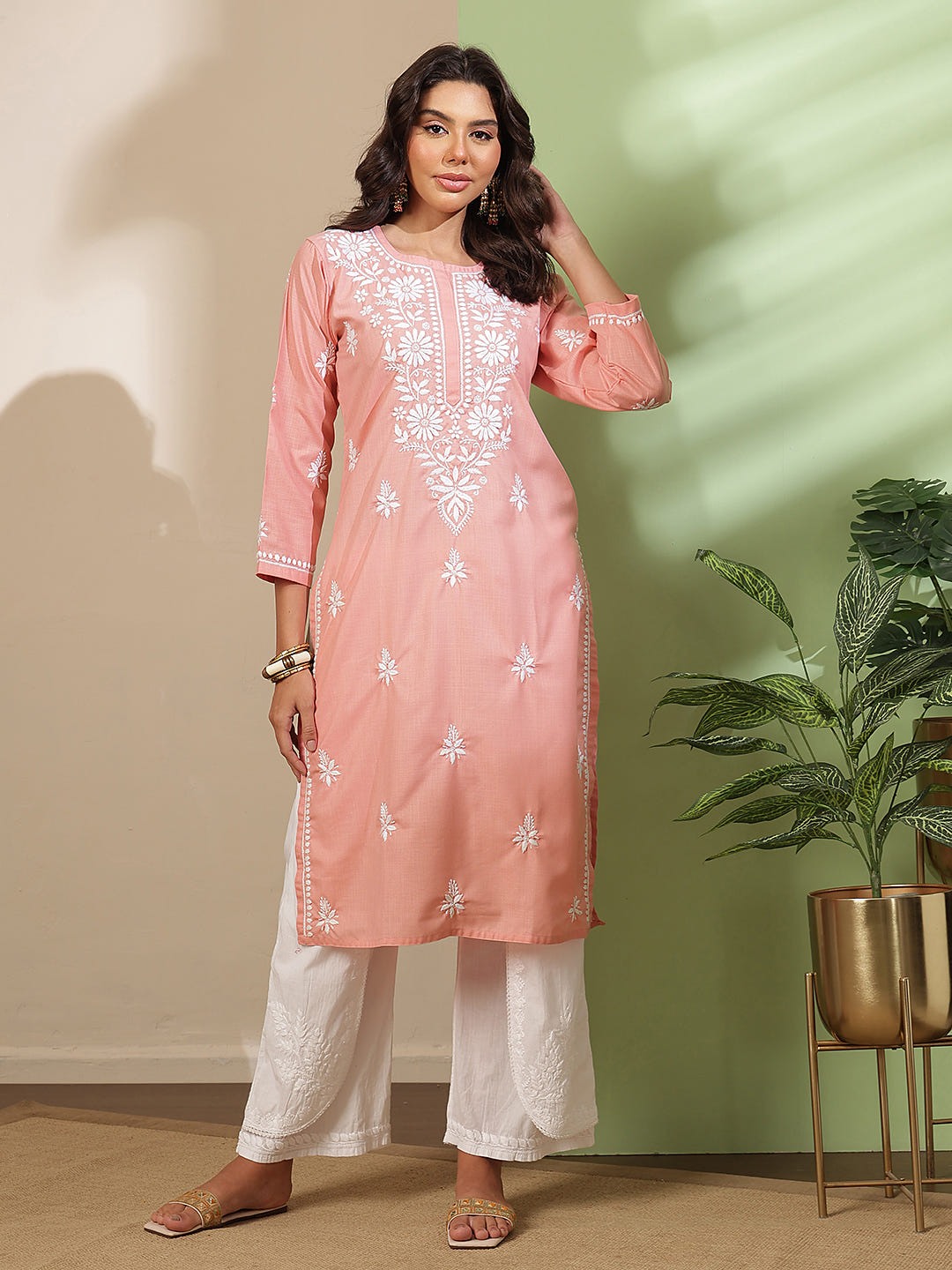 Ada Hand Embroidered Dusty Peach Cotton Lucknow Chikankari Kurta A411816