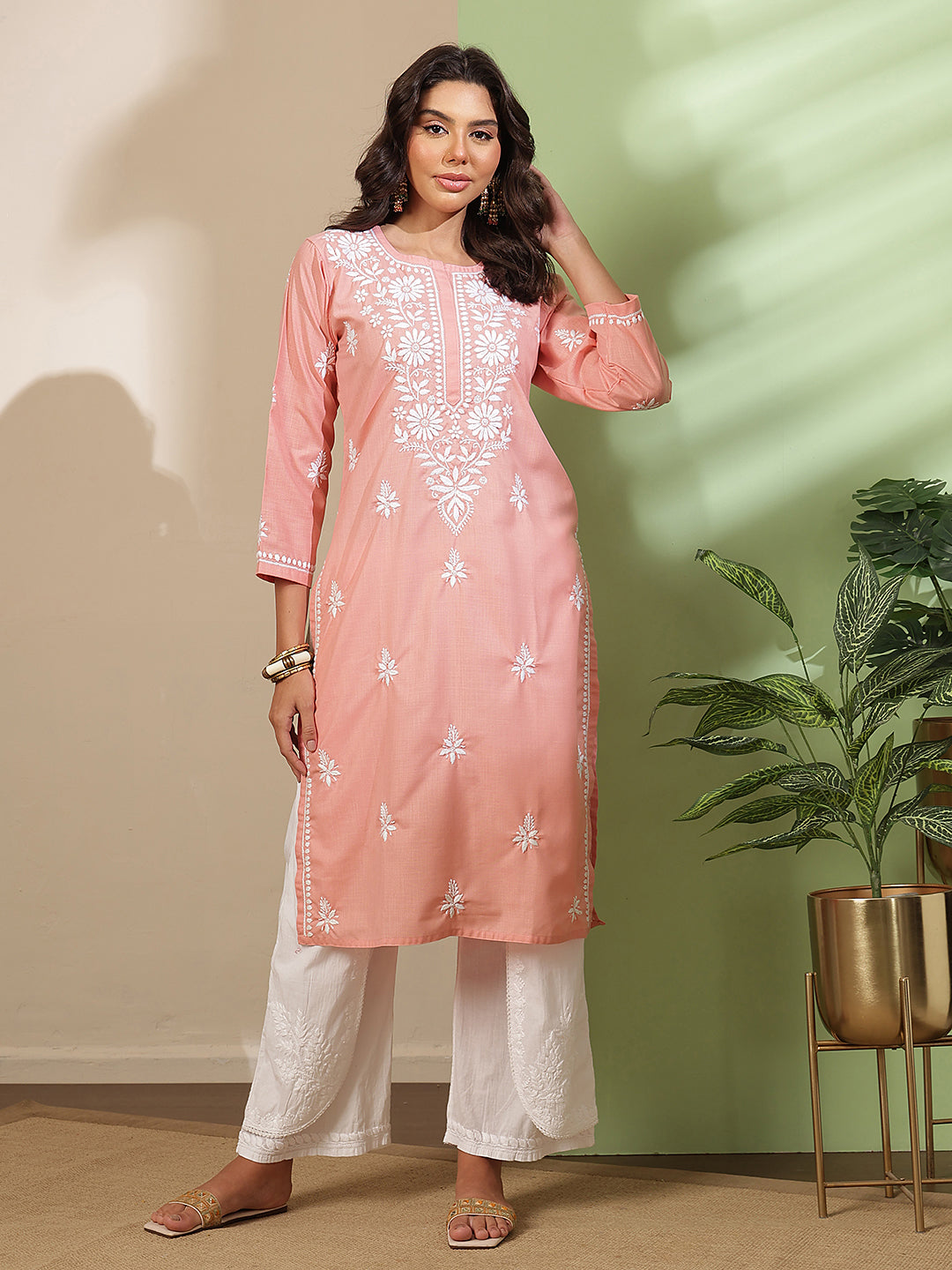 Ada Hand Embroidered Dusty Peach Cotton Lucknow Chikankari Kurta A411816