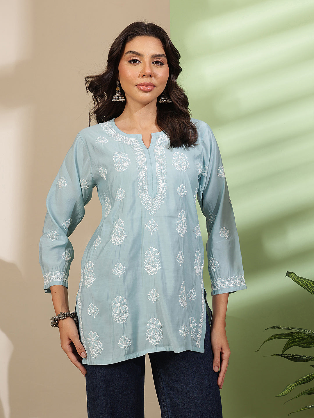 Ada Hand Embroidered Powder Blue Chanderi Silk Lucknowi Chikankari Short Kurti A911563