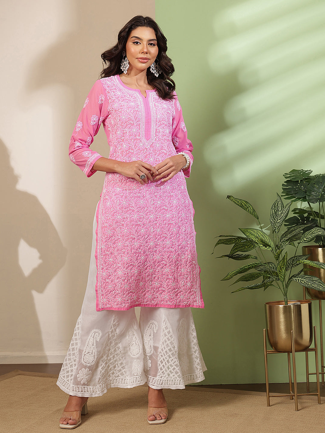 Ada Hand Embroidered Pink Georgette Lucknowi Chikankari Straight Kurta A411221