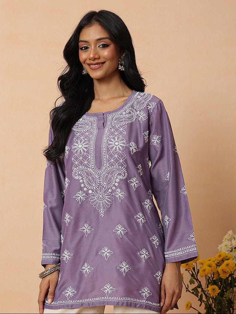Ada Hand Embroidered Mauve Muslin Lucknowi Chikankari Short Kurti A911580
